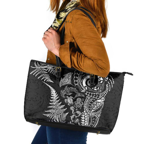 New Zealand Sea Animals Leather Tote Bag with Maori Koru Tribal Tattoo and Silver Ferns Black Color