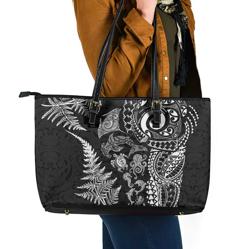 New Zealand Sea Animals Leather Tote Bag with Maori Koru Tribal Tattoo and Silver Ferns Black Color