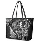 New Zealand Sea Animals Leather Tote Bag with Maori Koru Tribal Tattoo and Silver Ferns Black Color