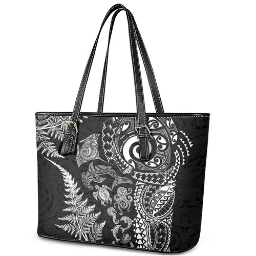 New Zealand Sea Animals Leather Tote Bag with Maori Koru Tribal Tattoo and Silver Ferns Black Color