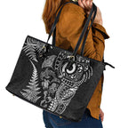 New Zealand Sea Animals Leather Tote Bag with Maori Koru Tribal Tattoo and Silver Ferns Black Color