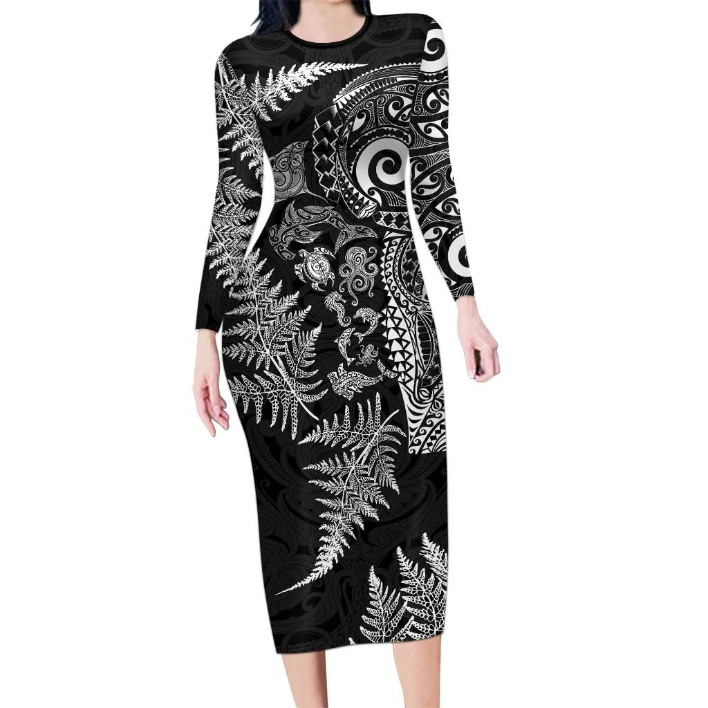 New Zealand Sea Animals Long Sleeve Bodycon Dress with Maori Koru Tribal Tattoo and Silver Ferns Black Color