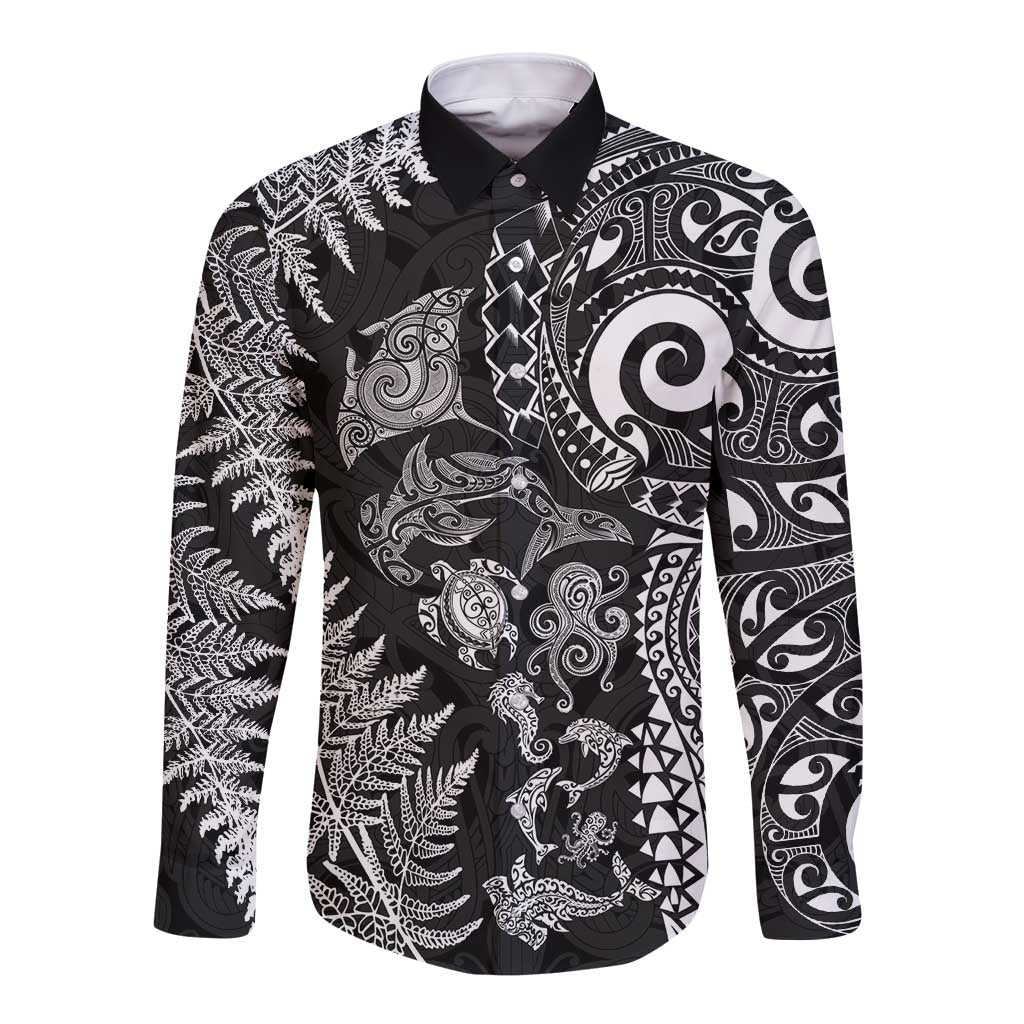 New Zealand Sea Animals Long Sleeve Button Shirt with Maori Koru Tribal Tattoo and Silver Ferns Black Color