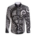 New Zealand Sea Animals Long Sleeve Button Shirt with Maori Koru Tribal Tattoo and Silver Ferns Black Color