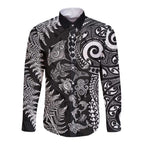 New Zealand Sea Animals Long Sleeve Button Shirt with Maori Koru Tribal Tattoo and Silver Ferns Black Color