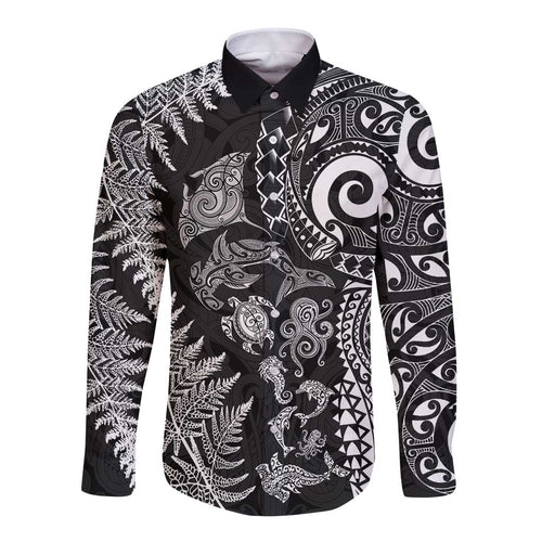 New Zealand Sea Animals Long Sleeve Button Shirt with Maori Koru Tribal Tattoo and Silver Ferns Black Color