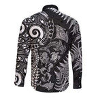 New Zealand Sea Animals Long Sleeve Button Shirt with Maori Koru Tribal Tattoo and Silver Ferns Black Color