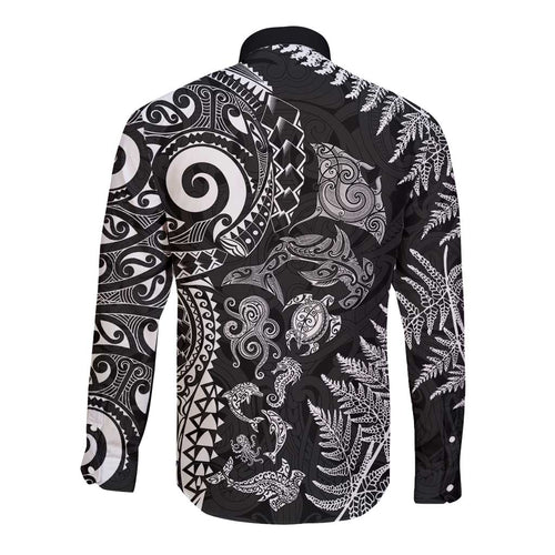 New Zealand Sea Animals Long Sleeve Button Shirt with Maori Koru Tribal Tattoo and Silver Ferns Black Color