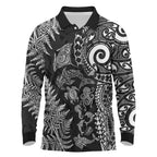 New Zealand Sea Animals Long Sleeve Polo Shirt with Maori Koru Tribal Tattoo and Silver Ferns Black Color