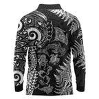 New Zealand Sea Animals Long Sleeve Polo Shirt with Maori Koru Tribal Tattoo and Silver Ferns Black Color