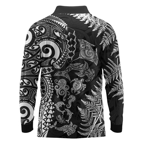 New Zealand Sea Animals Long Sleeve Polo Shirt with Maori Koru Tribal Tattoo and Silver Ferns Black Color