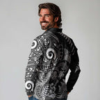 New Zealand Sea Animals Long Sleeve Polo Shirt with Maori Koru Tribal Tattoo and Silver Ferns Black Color
