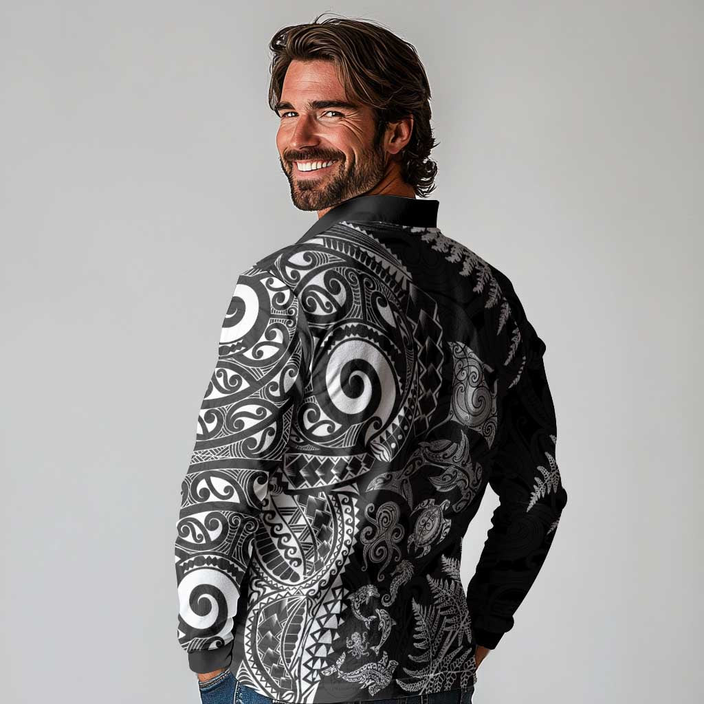New Zealand Sea Animals Long Sleeve Polo Shirt with Maori Koru Tribal Tattoo and Silver Ferns Black Color