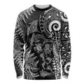 New Zealand Sea Animals Long Sleeve Shirt with Maori Koru Tribal Tattoo and Silver Ferns Black Color