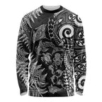 New Zealand Sea Animals Long Sleeve Shirt with Maori Koru Tribal Tattoo and Silver Ferns Black Color