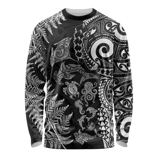 New Zealand Sea Animals Long Sleeve Shirt with Maori Koru Tribal Tattoo and Silver Ferns Black Color