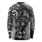 New Zealand Sea Animals Long Sleeve Shirt with Maori Koru Tribal Tattoo and Silver Ferns Black Color