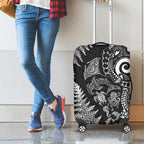 New Zealand Sea Animals Luggage Cover with Maori Koru Tribal Tattoo and Silver Ferns Black Color