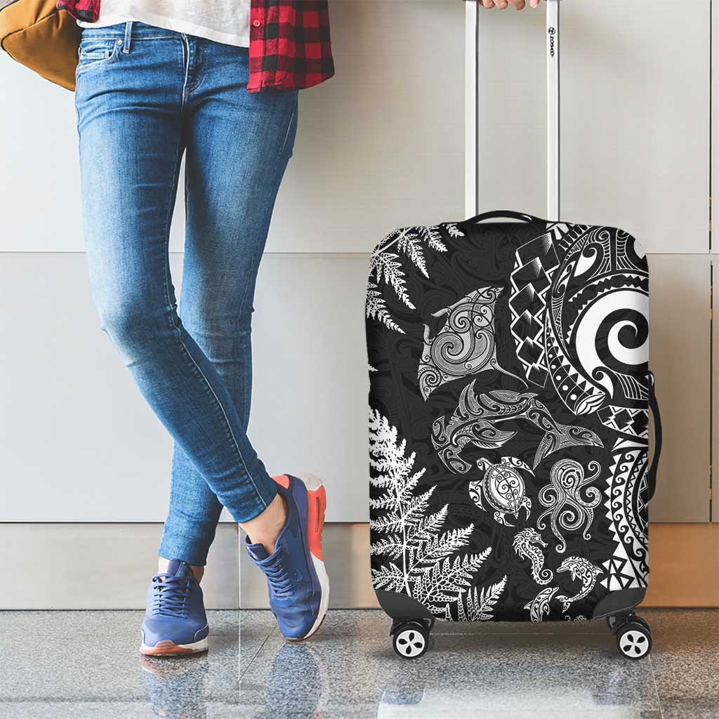 New Zealand Sea Animals Luggage Cover with Maori Koru Tribal Tattoo and Silver Ferns Black Color
