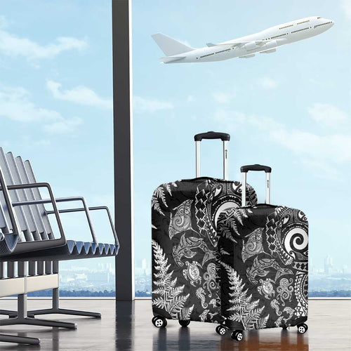 New Zealand Sea Animals Luggage Cover with Maori Koru Tribal Tattoo and Silver Ferns Black Color