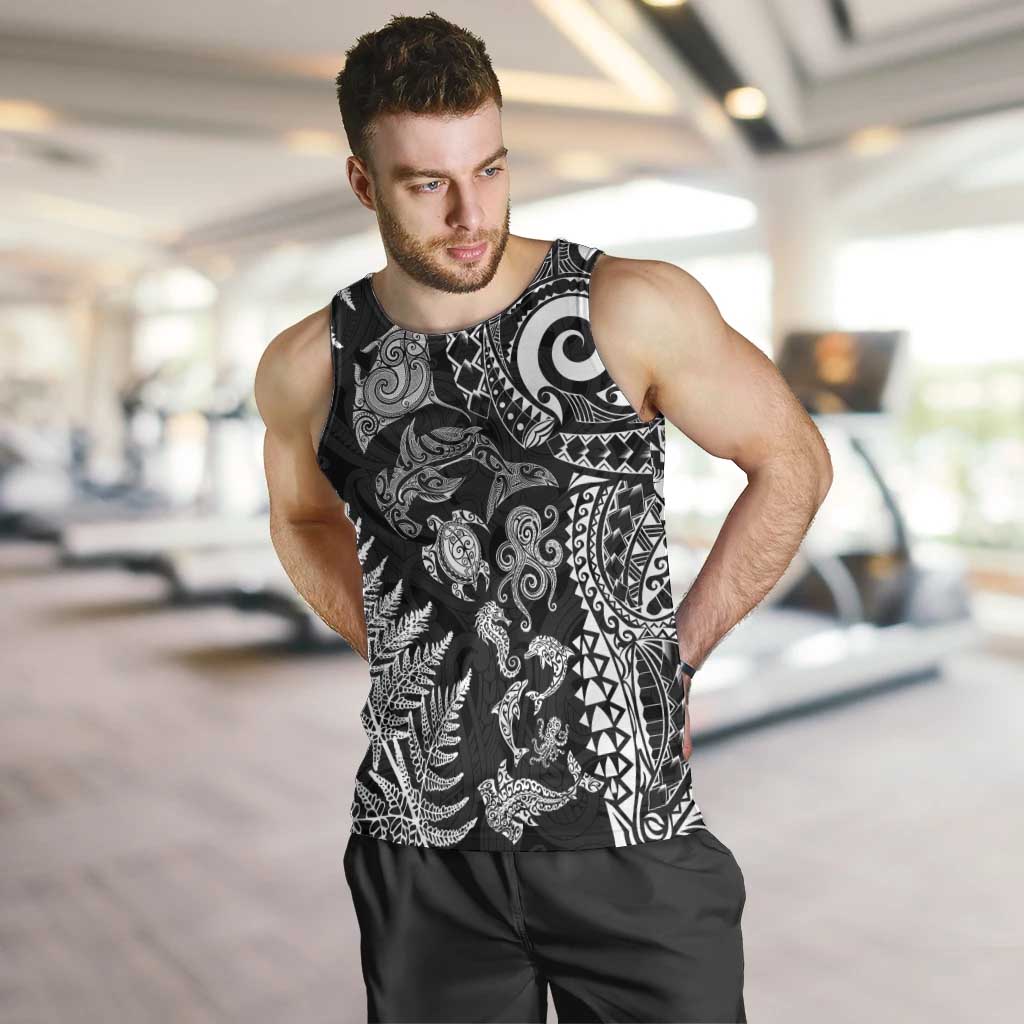 New Zealand Sea Animals Men Tank Top with Maori Koru Tribal Tattoo and Silver Ferns Black Color