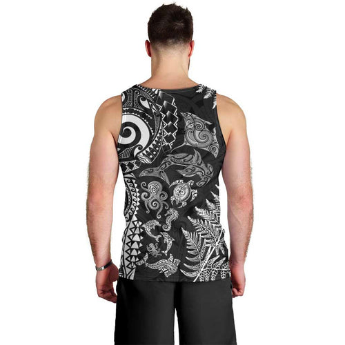 New Zealand Sea Animals Men Tank Top with Maori Koru Tribal Tattoo and Silver Ferns Black Color