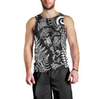 New Zealand Sea Animals Men Tank Top with Maori Koru Tribal Tattoo and Silver Ferns Black Color