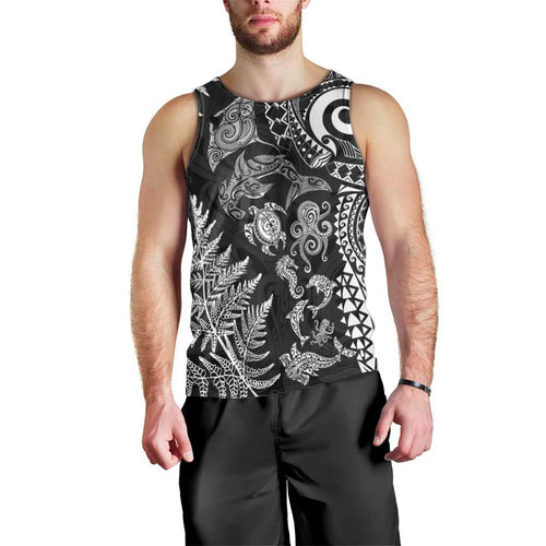 New Zealand Sea Animals Men Tank Top with Maori Koru Tribal Tattoo and Silver Ferns Black Color