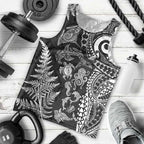 New Zealand Sea Animals Men Tank Top with Maori Koru Tribal Tattoo and Silver Ferns Black Color