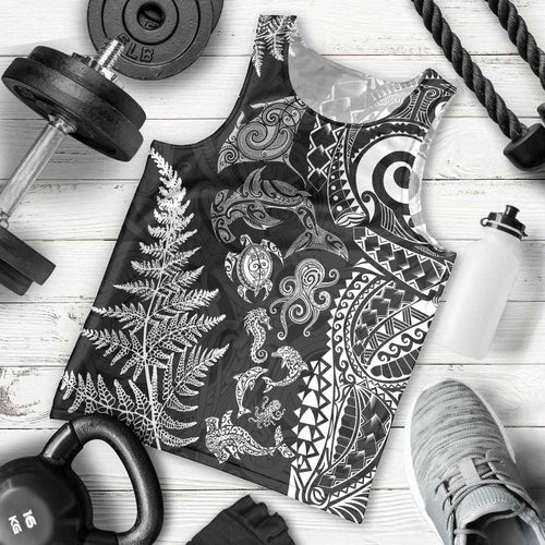 New Zealand Sea Animals Men Tank Top with Maori Koru Tribal Tattoo and Silver Ferns Black Color