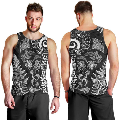 New Zealand Sea Animals Men Tank Top with Maori Koru Tribal Tattoo and Silver Ferns Black Color