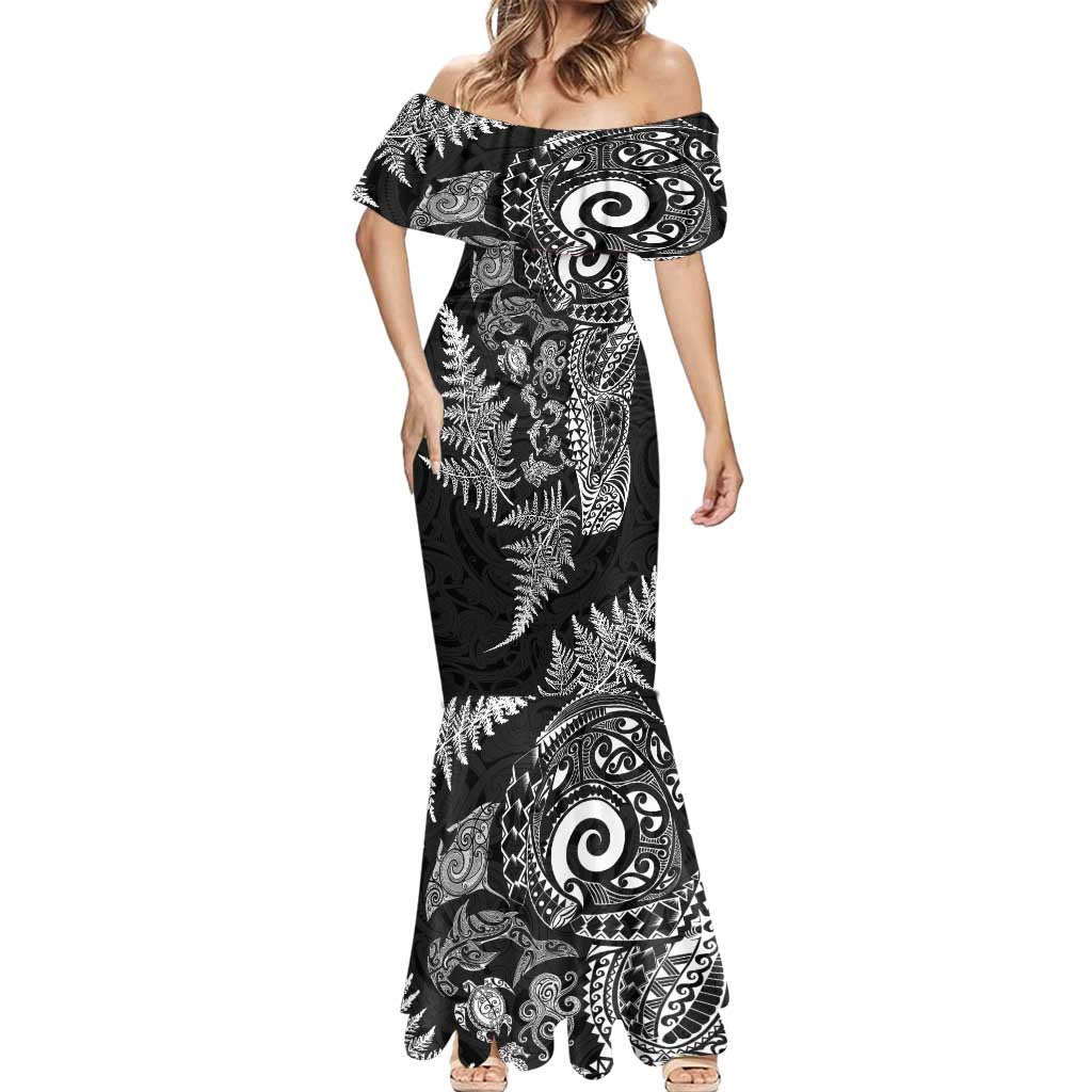 New Zealand Sea Animals Mermaid Dress with Maori Koru Tribal Tattoo and Silver Ferns Black Color