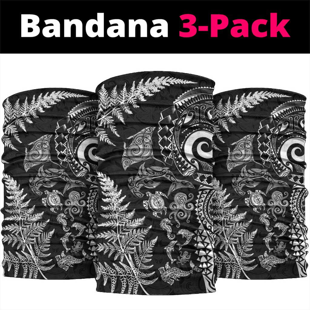 New Zealand Sea Animals Neck Gaiter with Maori Koru Tribal Tattoo and Silver Ferns Black Color