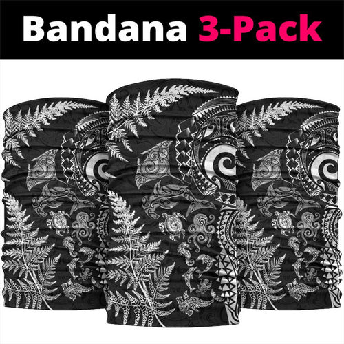 New Zealand Sea Animals Neck Gaiter with Maori Koru Tribal Tattoo and Silver Ferns Black Color