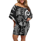 New Zealand Sea Animals Off Shoulder Short Dress with Maori Koru Tribal Tattoo and Silver Ferns Black Color