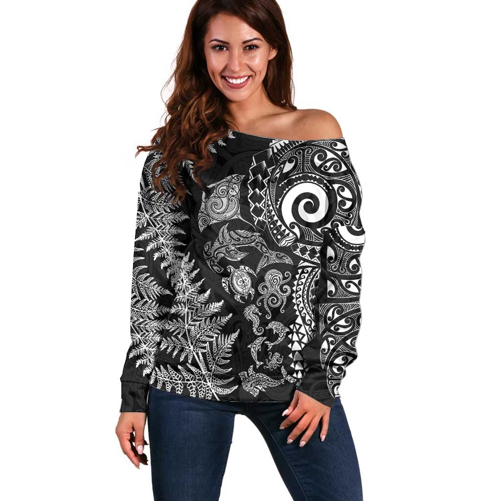 New Zealand Sea Animals Off Shoulder Sweater with Maori Koru Tribal Tattoo and Silver Ferns Black Color