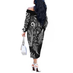 New Zealand Sea Animals Off The Shoulder Long Sleeve Dress with Maori Koru Tribal Tattoo and Silver Ferns Black Color