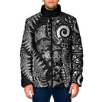 New Zealand Sea Animals Padded Jacket with Maori Koru Tribal Tattoo and Silver Ferns Black Color