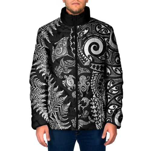 New Zealand Sea Animals Padded Jacket with Maori Koru Tribal Tattoo and Silver Ferns Black Color