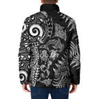 New Zealand Sea Animals Padded Jacket with Maori Koru Tribal Tattoo and Silver Ferns Black Color