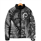 New Zealand Sea Animals Padded Jacket with Maori Koru Tribal Tattoo and Silver Ferns Black Color