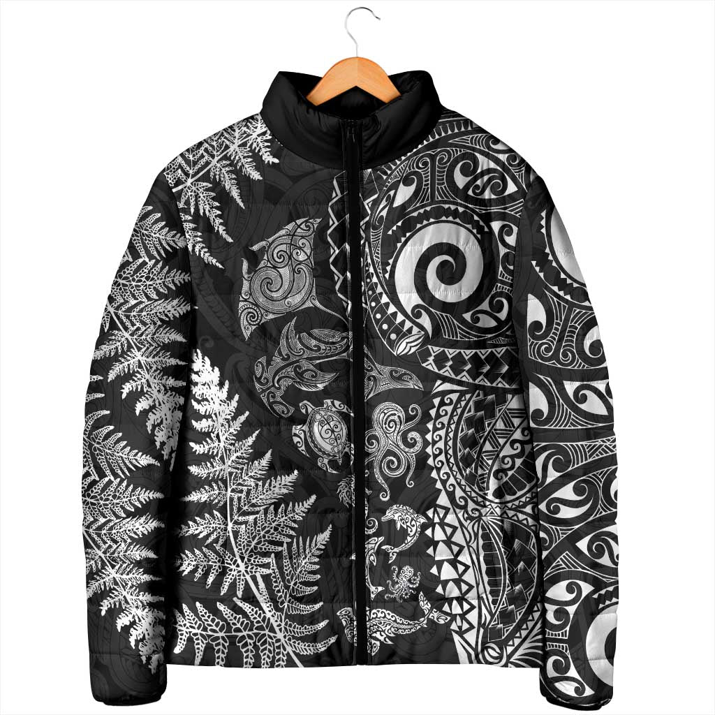 New Zealand Sea Animals Padded Jacket with Maori Koru Tribal Tattoo and Silver Ferns Black Color