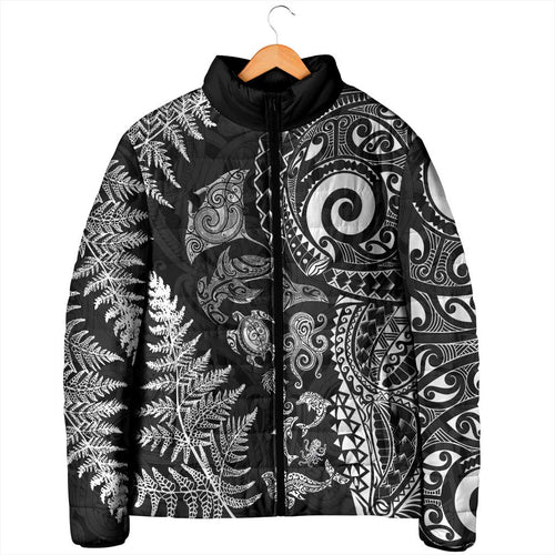 New Zealand Sea Animals Padded Jacket with Maori Koru Tribal Tattoo and Silver Ferns Black Color
