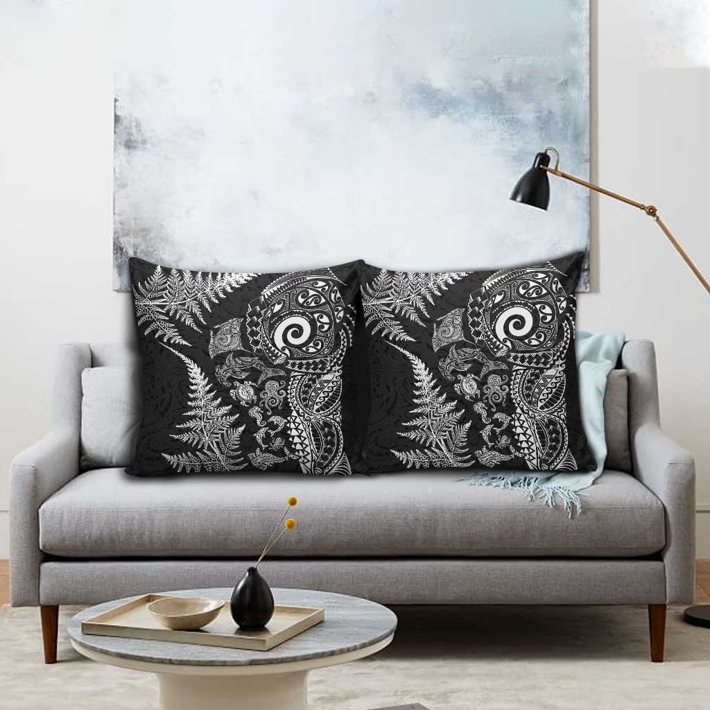 New Zealand Sea Animals Pillow Cover with Maori Koru Tribal Tattoo and Silver Ferns Black Color