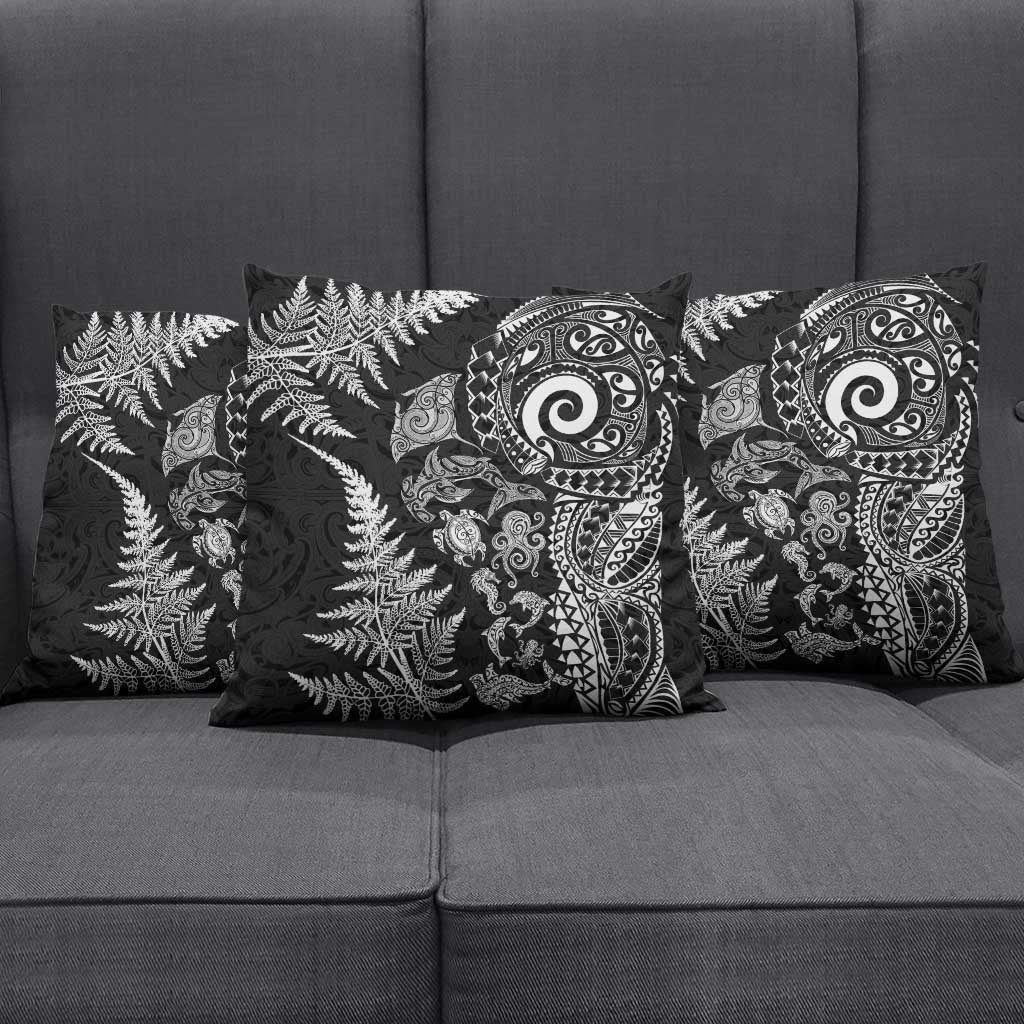 New Zealand Sea Animals Pillow Cover with Maori Koru Tribal Tattoo and Silver Ferns Black Color