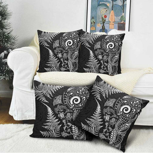 New Zealand Sea Animals Pillow Cover with Maori Koru Tribal Tattoo and Silver Ferns Black Color