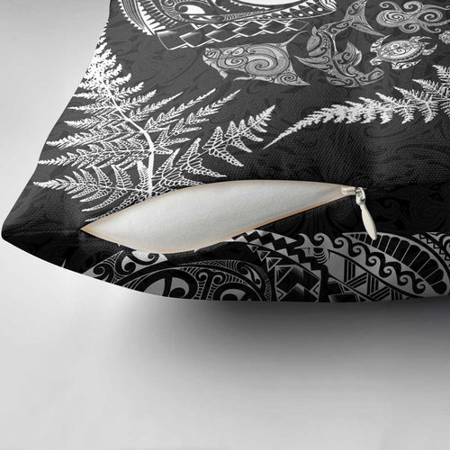 New Zealand Sea Animals Pillow Cover with Maori Koru Tribal Tattoo and Silver Ferns Black Color