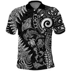 New Zealand Sea Animals Polo Shirt with Maori Koru Tribal Tattoo and Silver Ferns Black Color