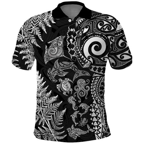 New Zealand Sea Animals Polo Shirt with Maori Koru Tribal Tattoo and Silver Ferns Black Color
