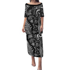 New Zealand Sea Animals Puletasi with Maori Koru Tribal Tattoo and Silver Ferns Black Color